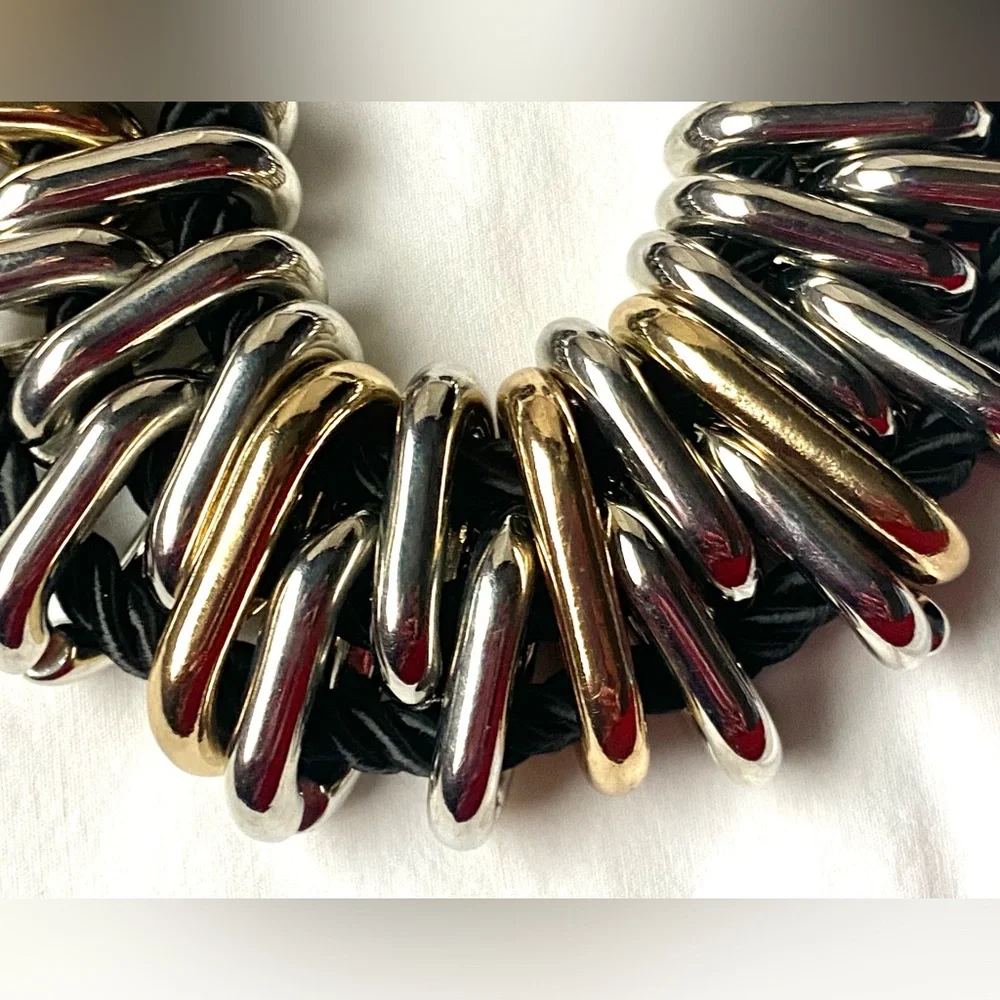 Statement Chunky Multi-Rope Strand Choker Necklace Silver and Gold Metal Rings